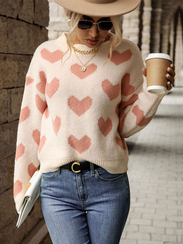 knit casual heart long sleeve pink sweater