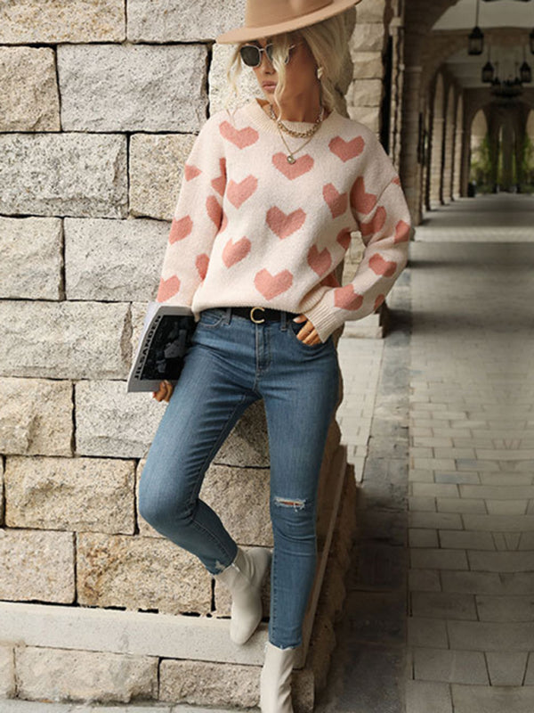 knit casual heart long sleeve pink sweater