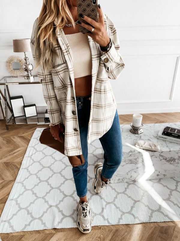 women's plaid casual brushed wool cardigan jacket