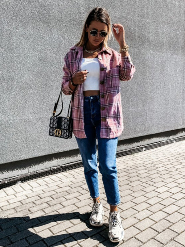 women's plaid casual brushed wool cardigan jacket