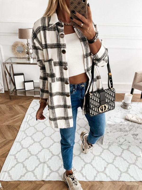 women's plaid casual brushed wool cardigan jacket