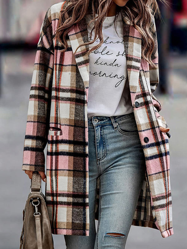 autumn and winter new women's lapel pocket plaid wool coat