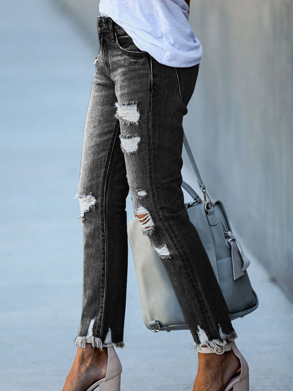 washed frayed tassel jeans slim high elastic small feet trousers