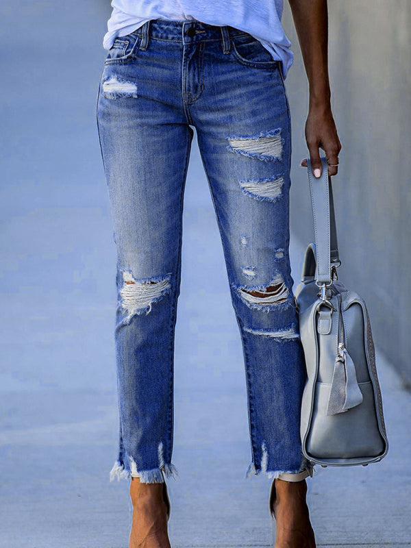 washed frayed tassel jeans slim high elastic small feet trousers
