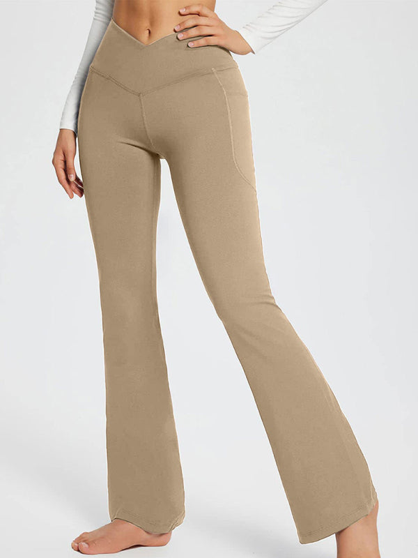 women’s solid color full length pocket waist flare leggings