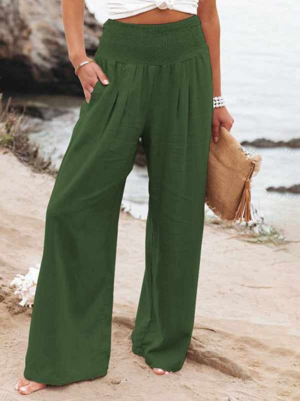 women's solid color smocked waist side-seam pockets wide leg pants