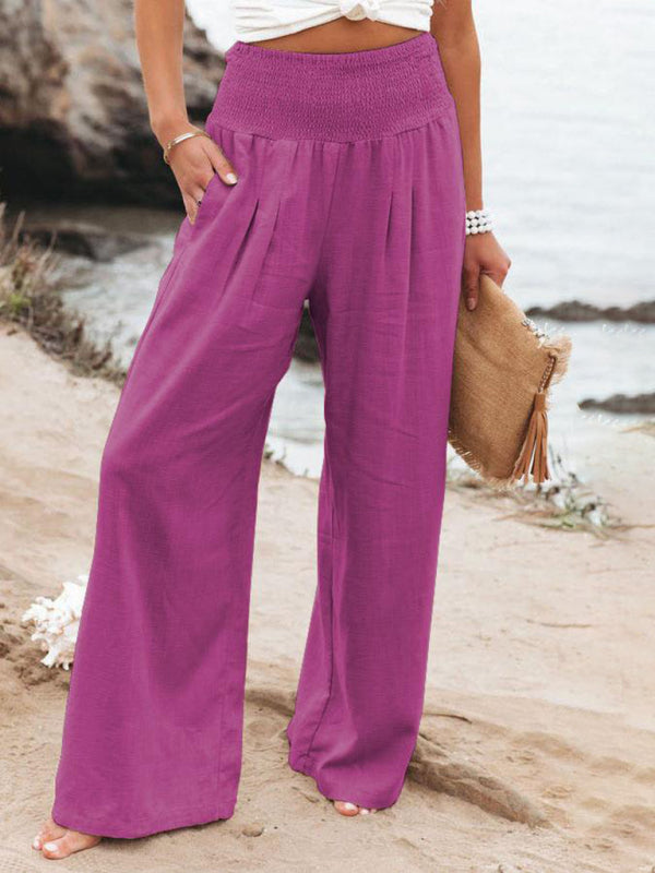 women's solid color smocked waist side-seam pockets wide leg pants