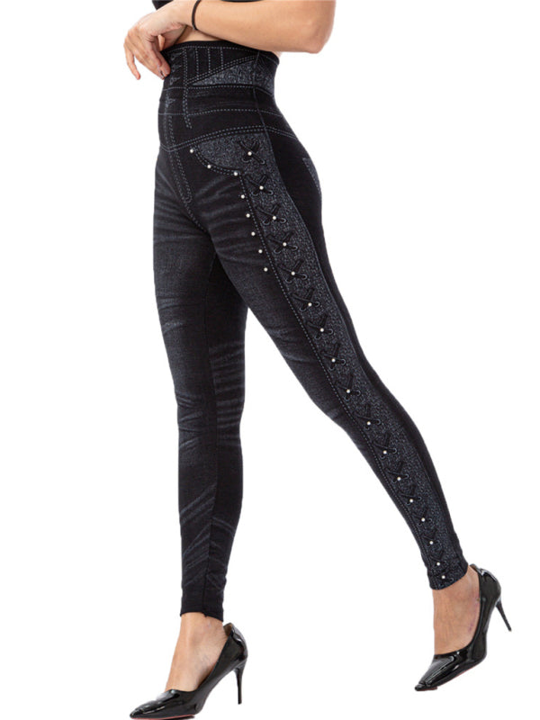 high waist beaded leggings stretch slim cropped pants
