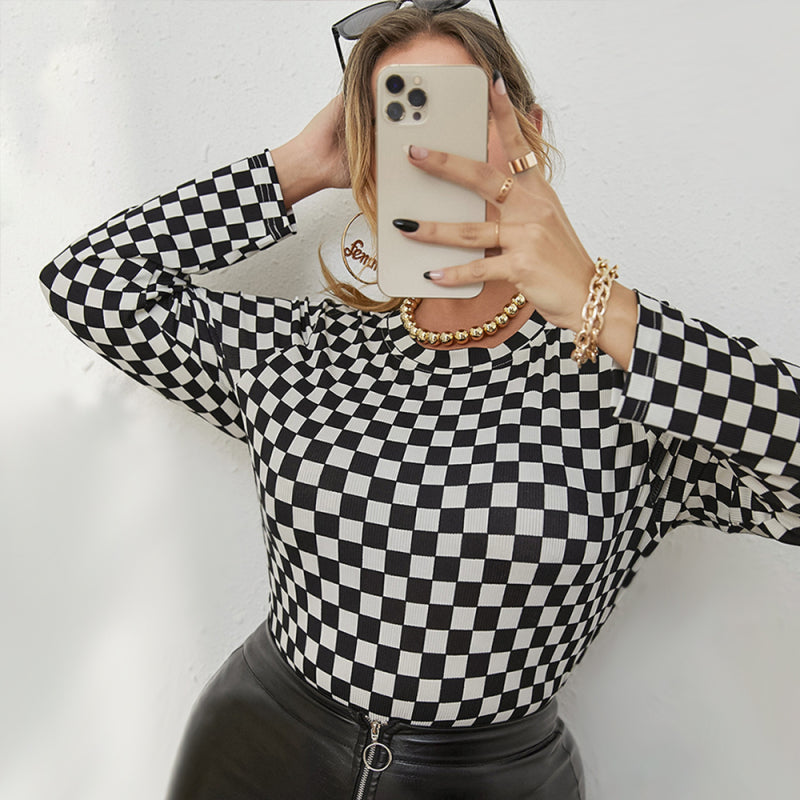 women's check plus size long sleeve crew neck check print top
