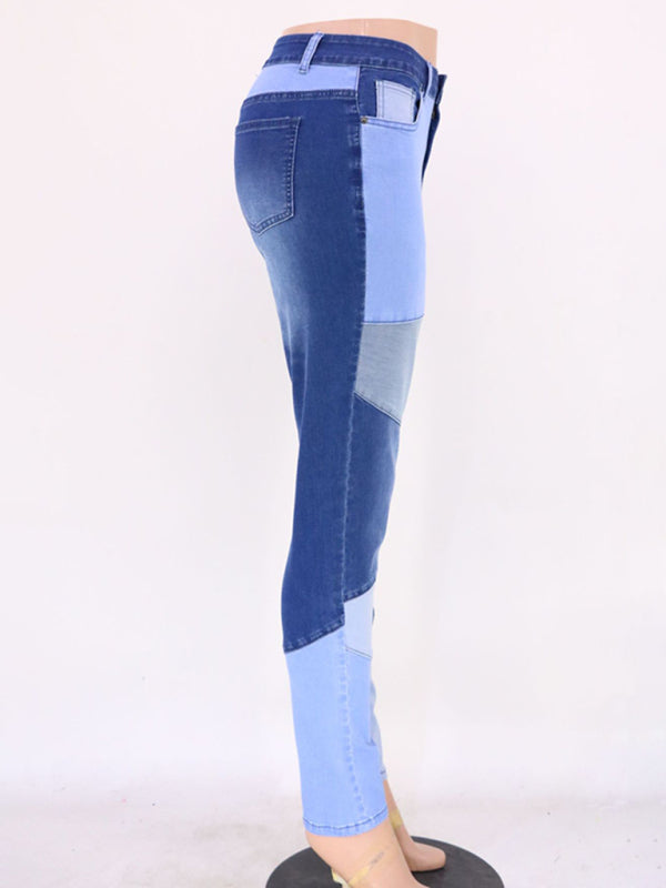 women's two-color stitching street wash high waist skinny jeans
