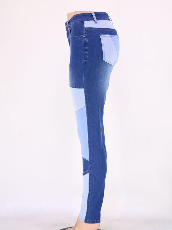 women's two-color stitching street wash high waist skinny jeans