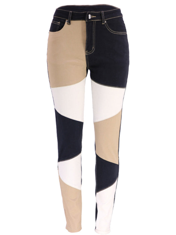 women's two-color stitching street wash high waist skinny jeans