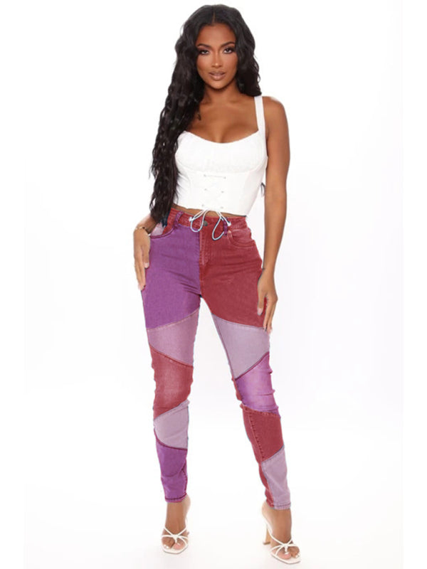 women's two-color stitching street wash high waist skinny jeans