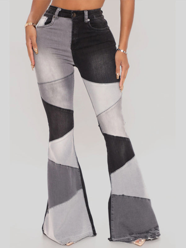 women's two-color splicing street washed flared jeans