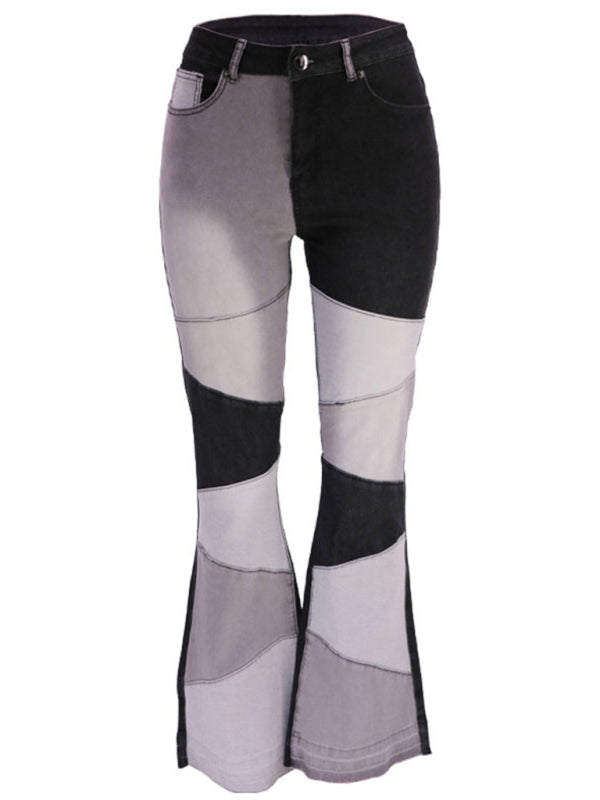 women's two-color splicing street washed flared jeans