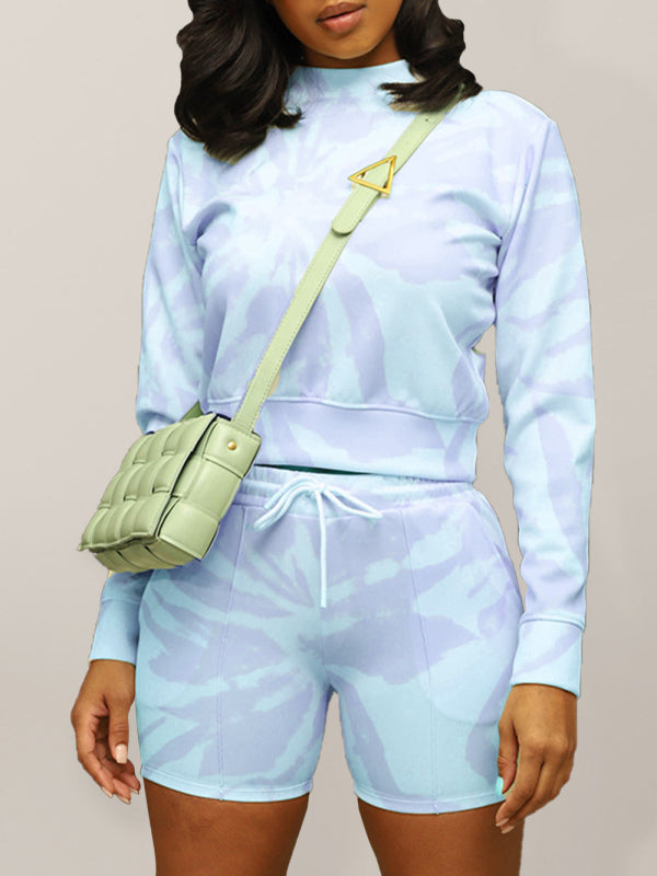 women's tie-dye printing round neck pullover long sleeves + shorts two-piece sets