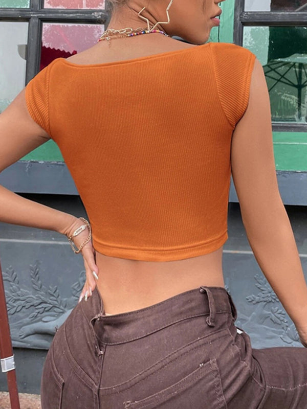 women's solid color sweetheart neck crop top