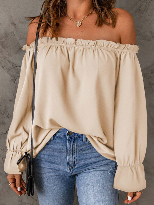 one-neck chiffon shirt solid color pullover sexy off-the-shoulder top