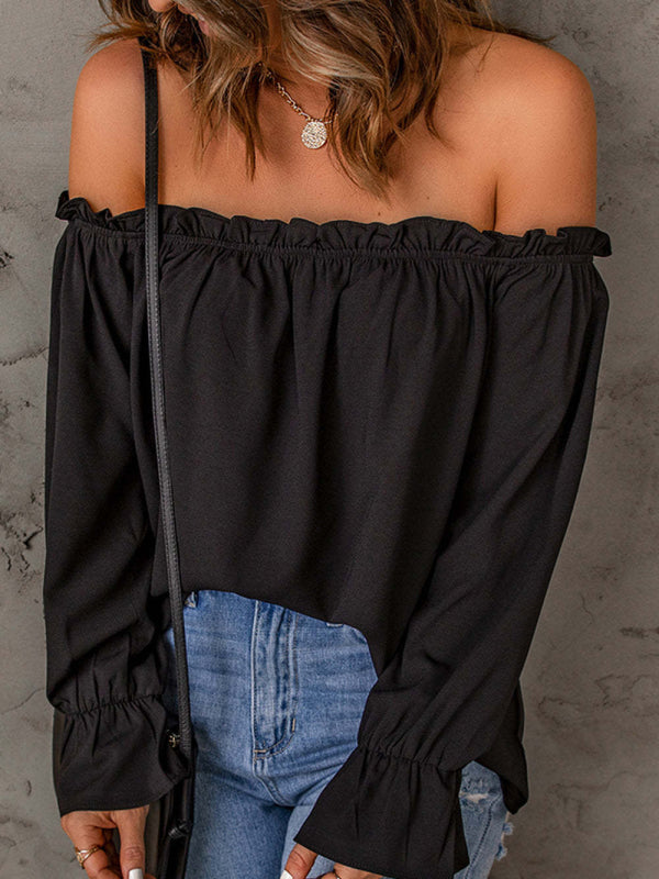 one-neck chiffon shirt solid color pullover sexy off-the-shoulder top