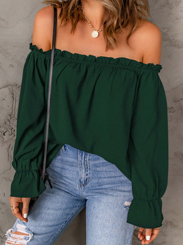 one-neck chiffon shirt solid color pullover sexy off-the-shoulder top