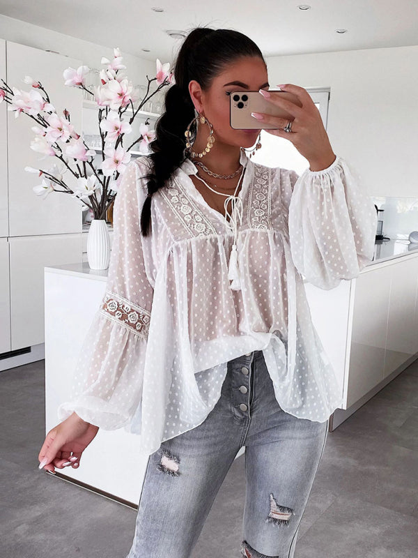 women's chiffon stitching lace loose balloon sleeve top shirt