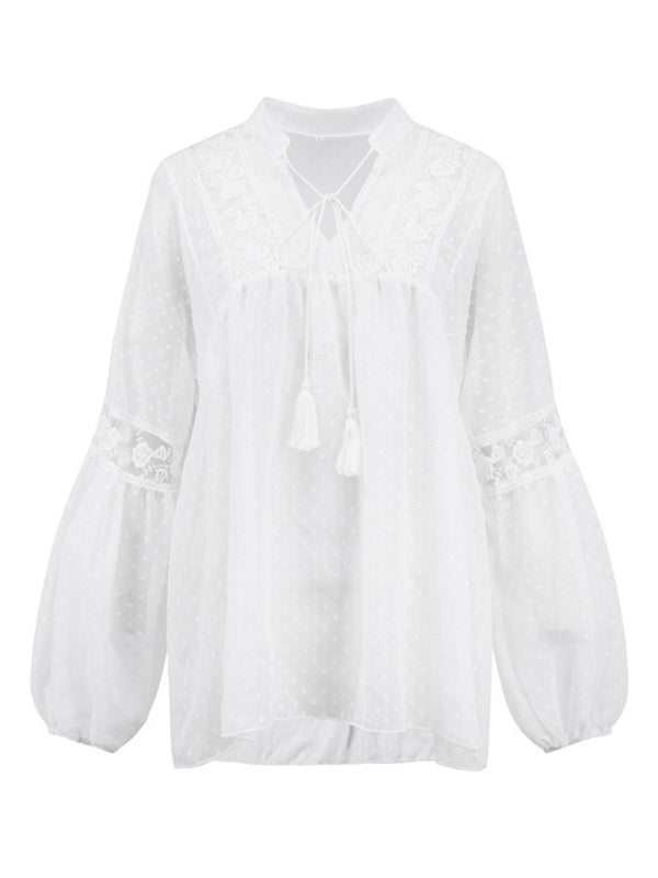 women's chiffon stitching lace loose balloon sleeve top shirt