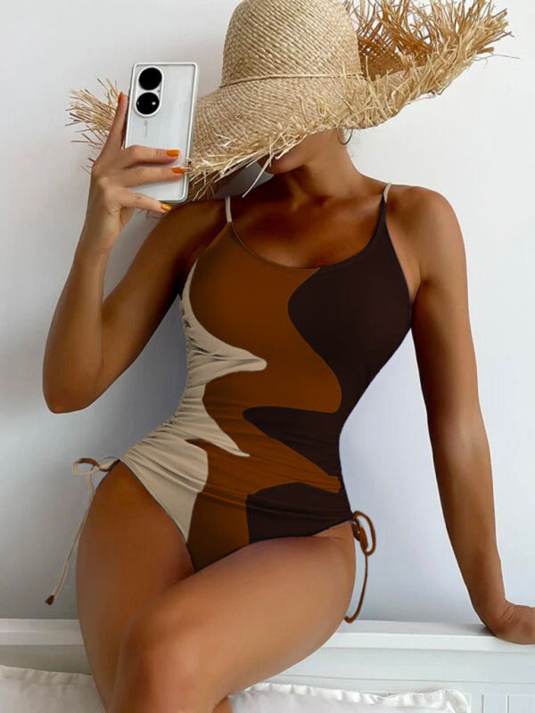new one-piece swimsuit multicolor stitching drawstring corrugated ladies swimsuit