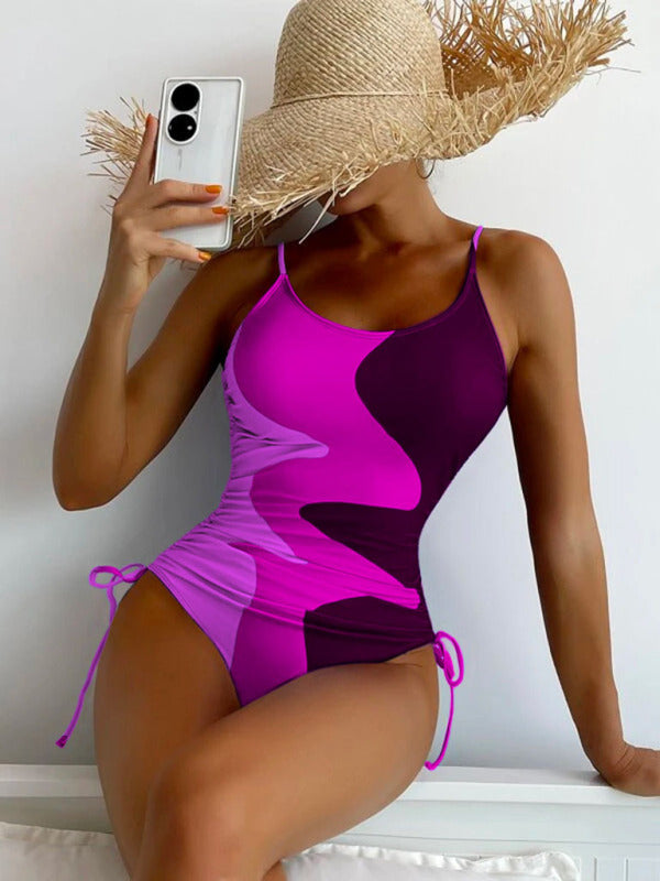 new one-piece swimsuit multicolor stitching drawstring corrugated ladies swimsuit