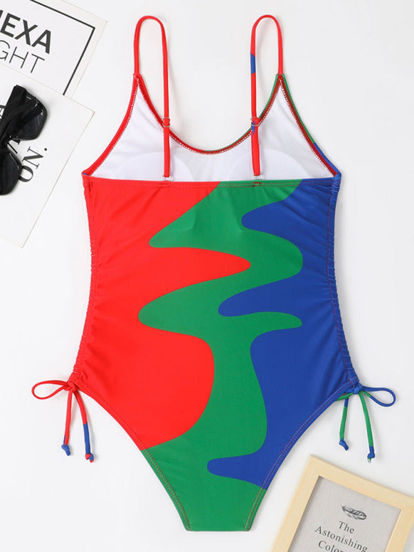 new one-piece swimsuit multicolor stitching drawstring corrugated ladies swimsuit