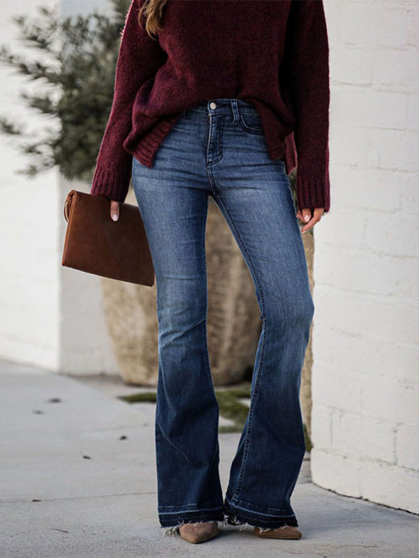 ladies fit stretch raw edge flared jeans
