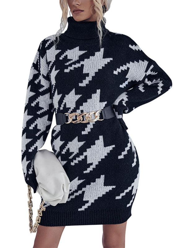 FZ Women's turtleneck loose houndstooth sweater dress - FZwear