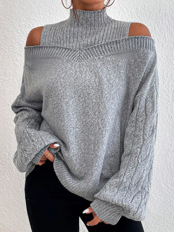 women's solid color turtleneck cut-out off-the-shoulder long-sleeved sweater