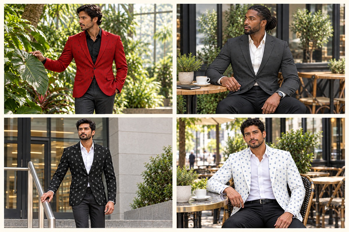 Four men model patterned FZ Original Blazer Jackets in red, charcoal, black, and white in a four-panel collage.