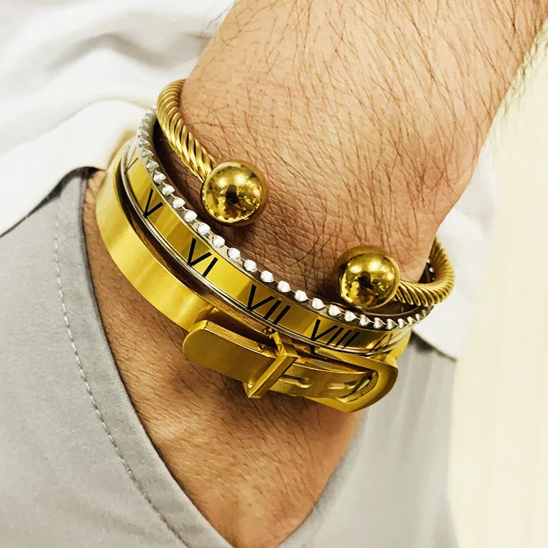 FZ 3 pcs/Set Royal Roman Numeral Belt Buckle Stainless Steel Bracelet - FZwear