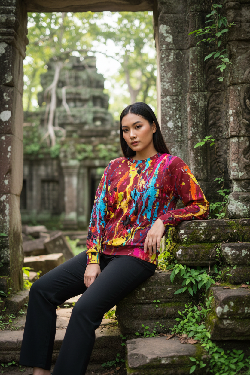 Southeast Asian woman in burgundy paint splatter sweatshirt, temple ruins setting
