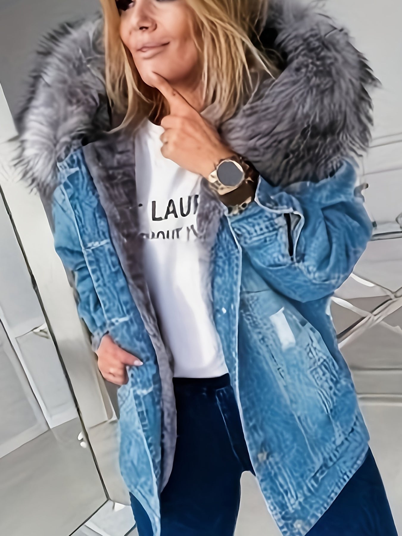 FZ Women's Slim-Fit Mid-Length Single-Breasted Faux-Fur Collar Denim Jacket