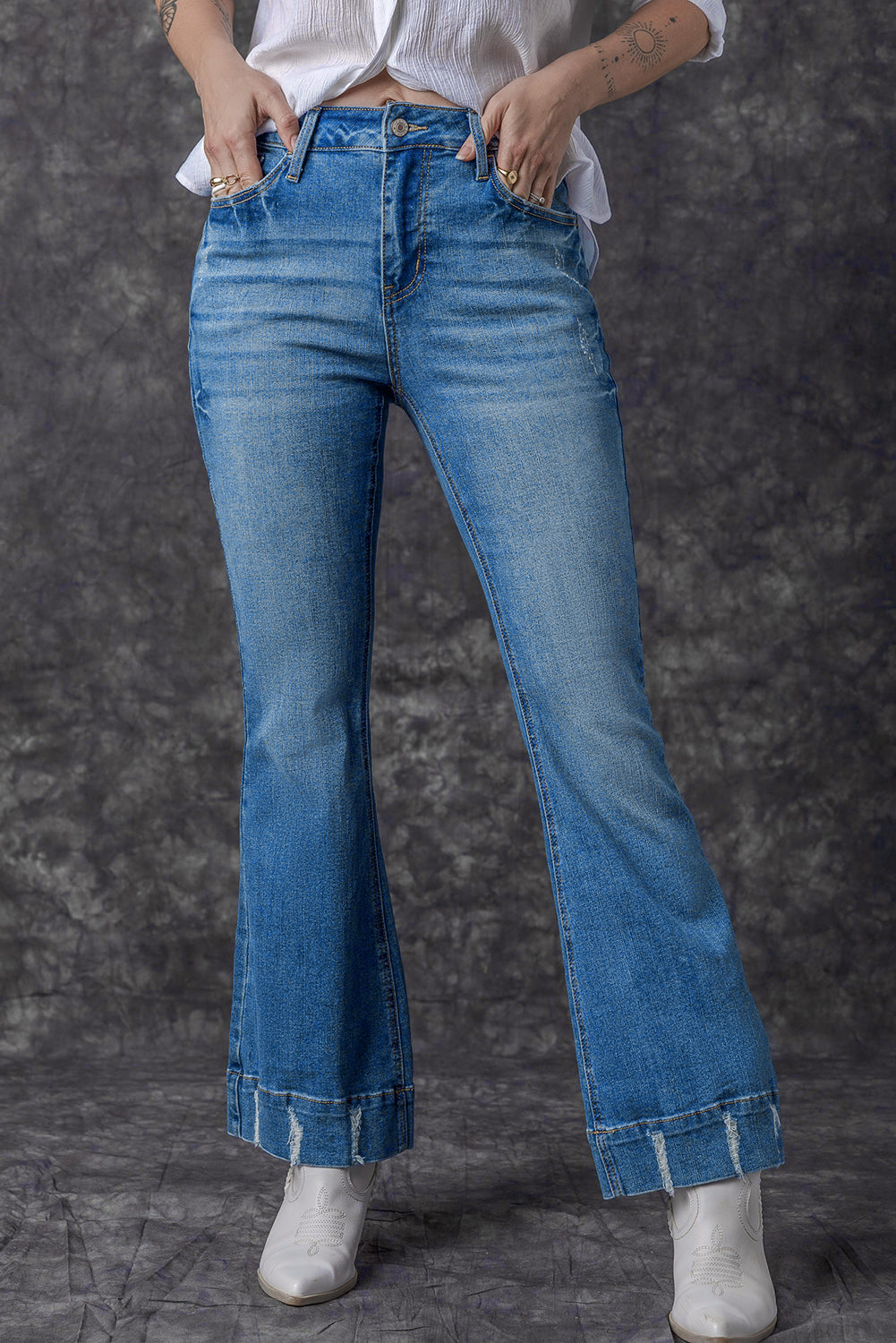 Sky Blue Slight Distressed Medium Wash Flare Jeans - FZwear