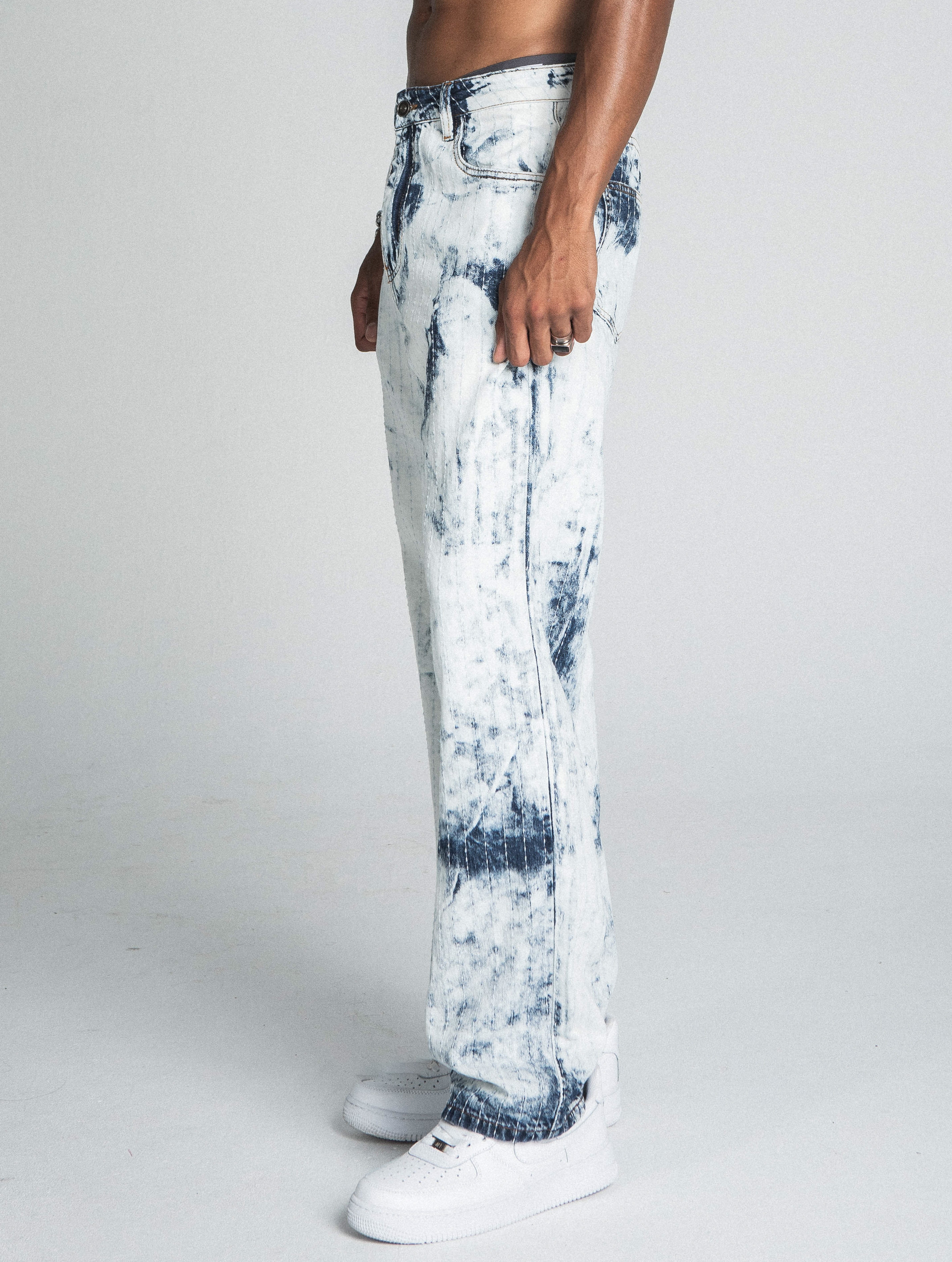 AJ01L-1 DARK BLUE/WHITE TIE DYE THREAD LINE LOOSE JEANS PANTS