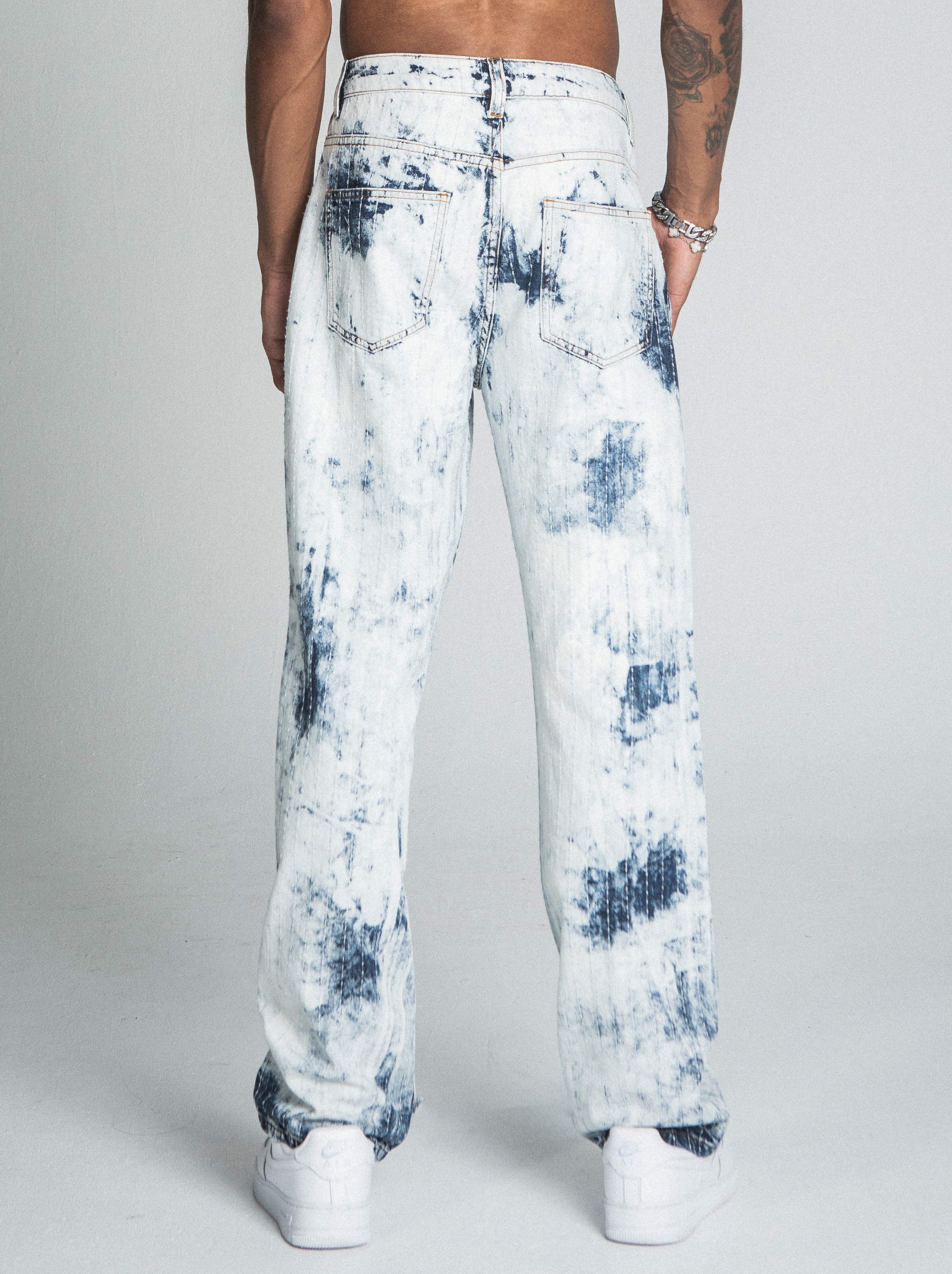 AJ01L-1 DARK BLUE/WHITE TIE DYE THREAD LINE LOOSE JEANS PANTS