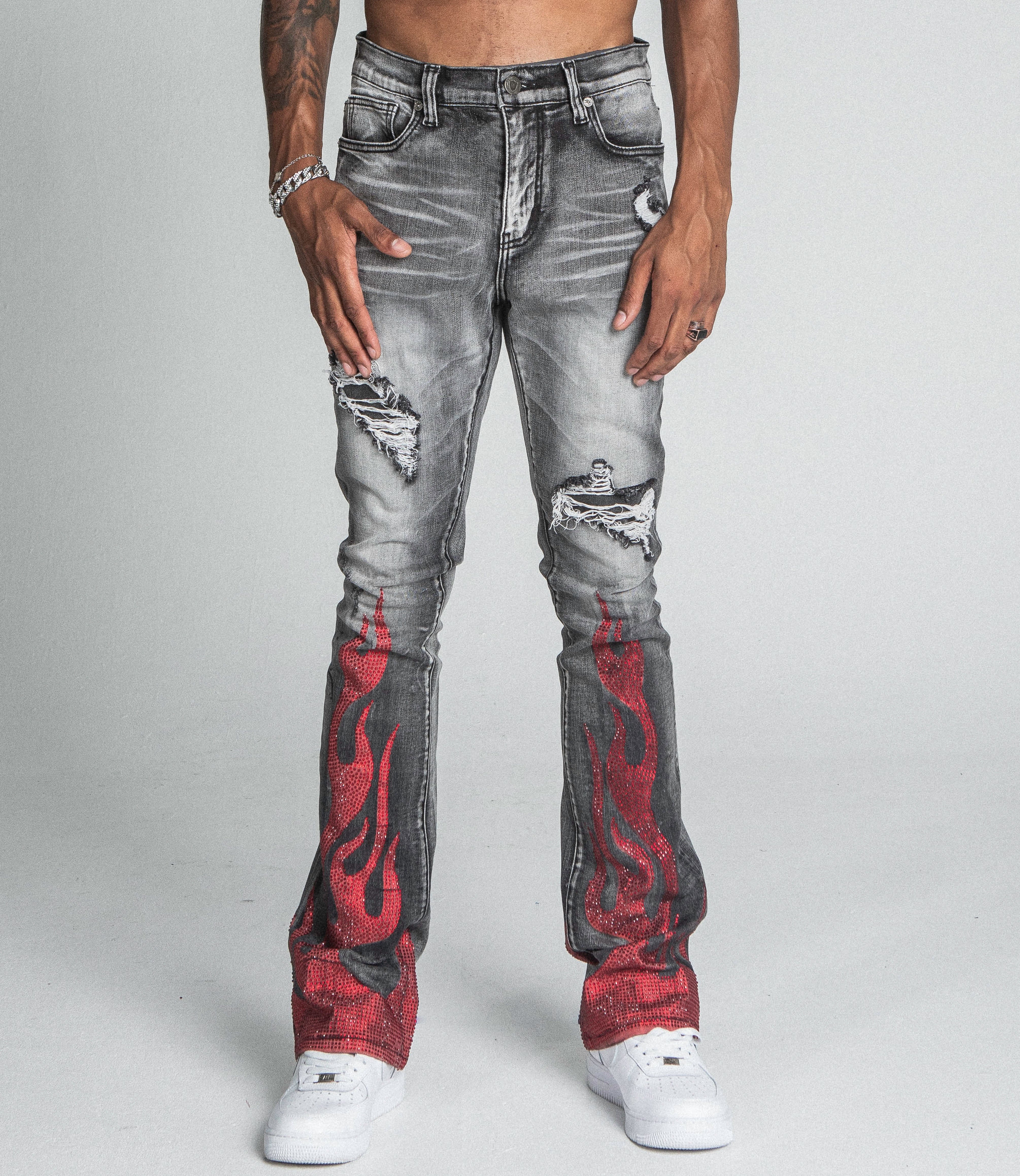 AJ23SK FLAME RHINESTONE STACKED JEANS PANTS