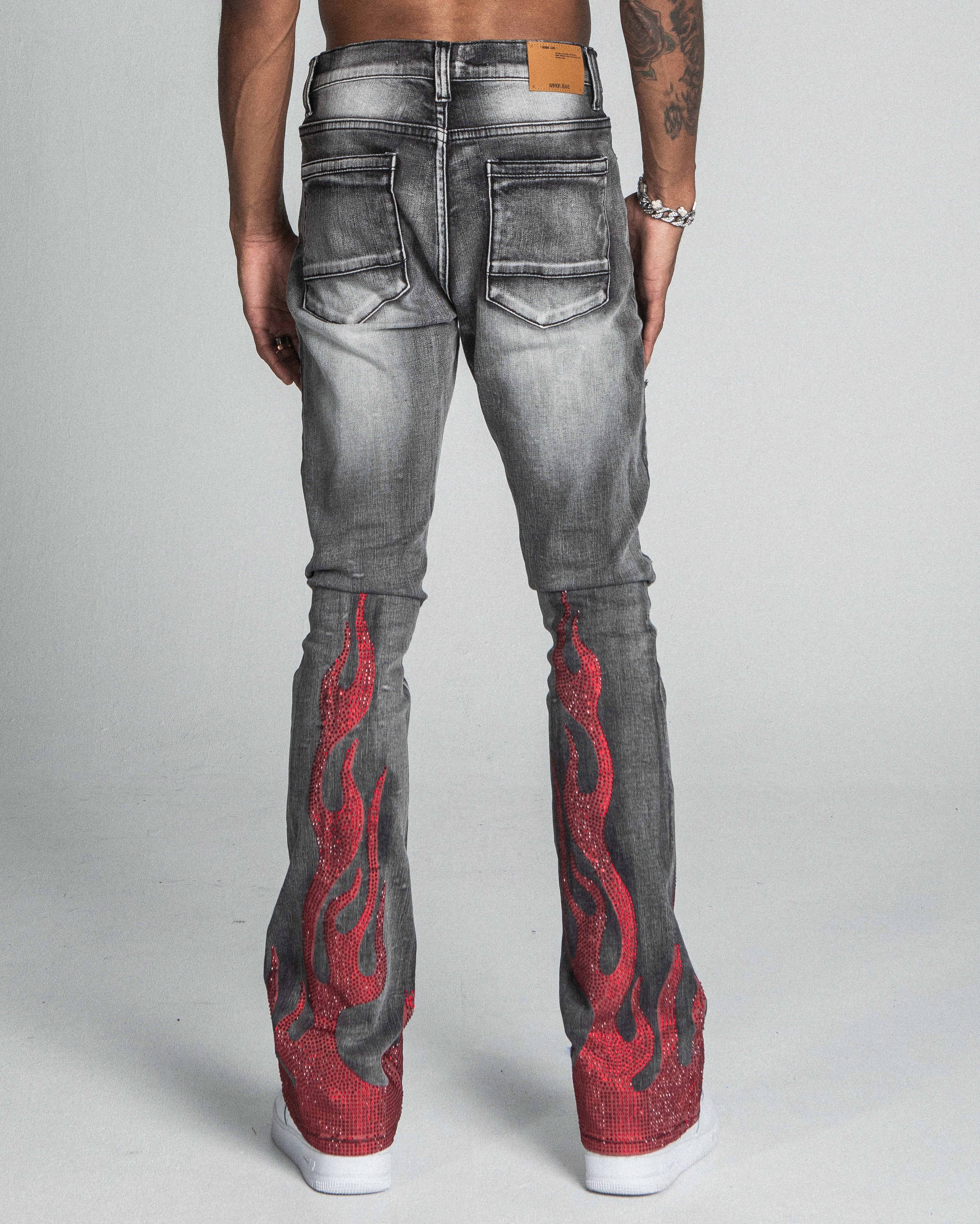 AJ23SK FLAME RHINESTONE STACKED JEANS PANTS