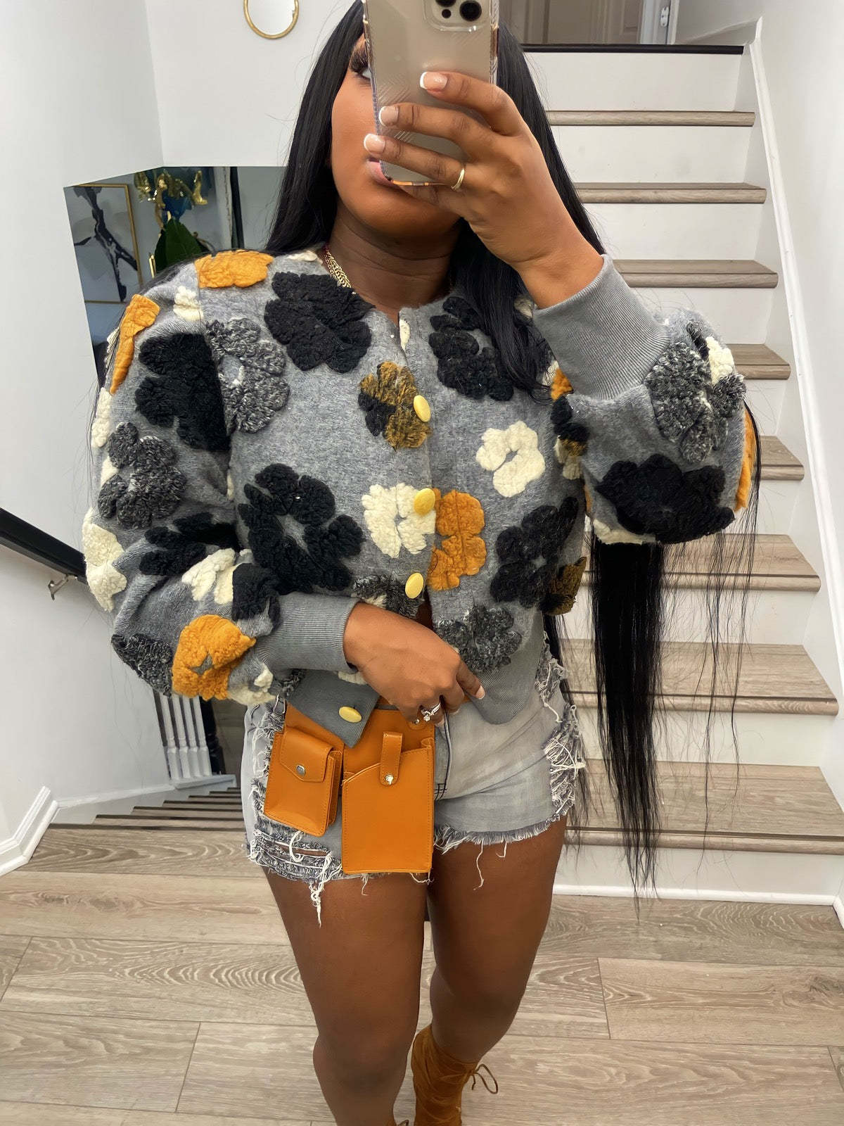 FZ Women's Retro Three Dimensional Floral Loose Single Breasted Jacket