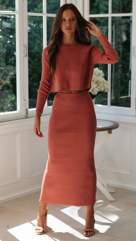 FZ Women's Knitted Slit Maxi Sweater Skirt Suit
