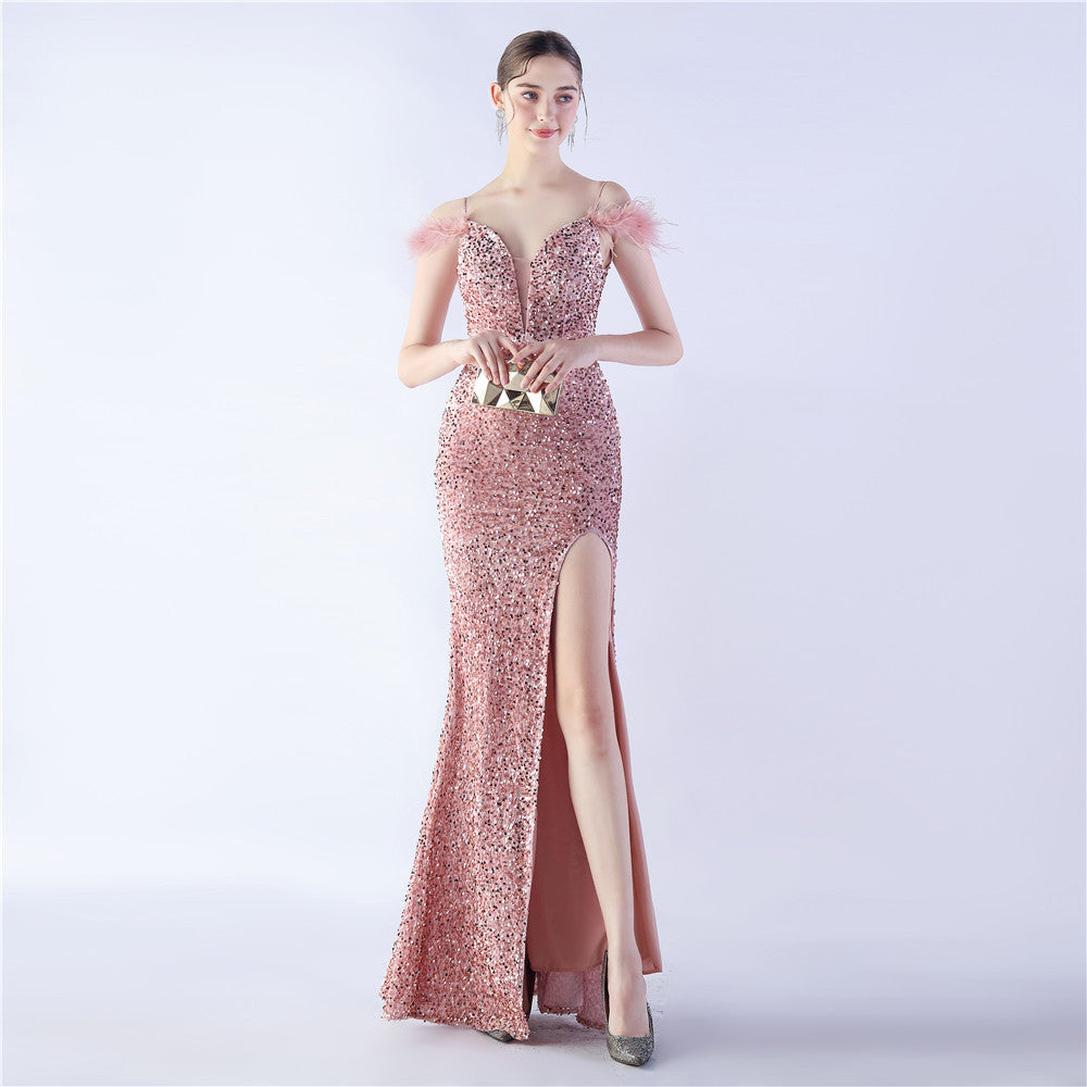 FZ Women's Ostrich Feather High Density Sequined Evening Dress - FZwear