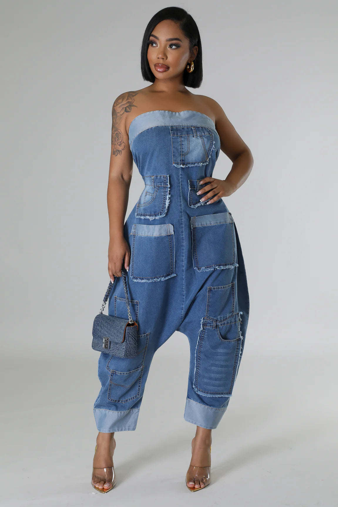 FZ Women's  Multi Pocket Stitching Washed Loose Sleeveless Denim Jumpsuit - FZwear