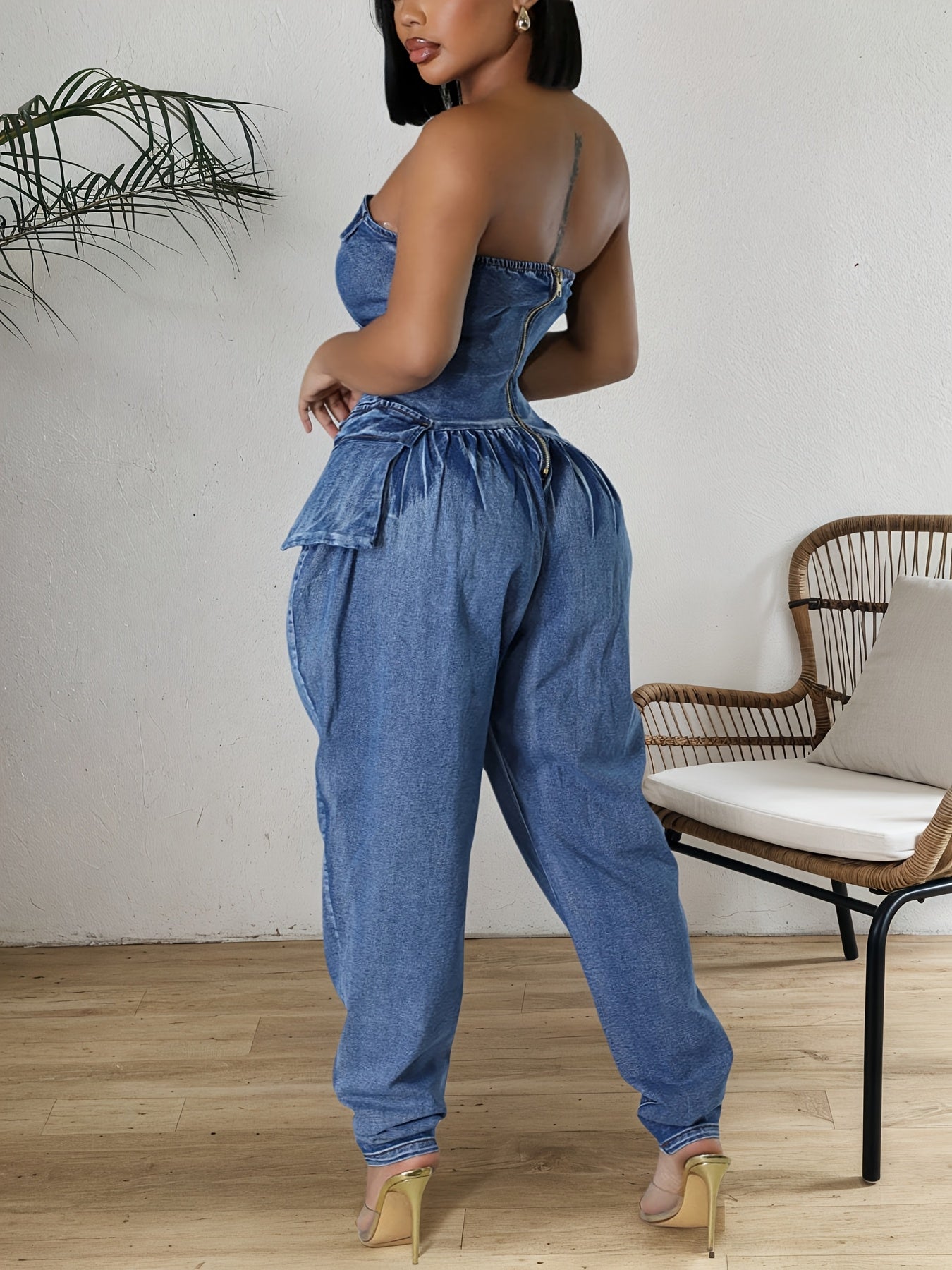 FZ Women's Cargo Fashion Sleeveless With Pockets Strapless Denim Jumpsuit