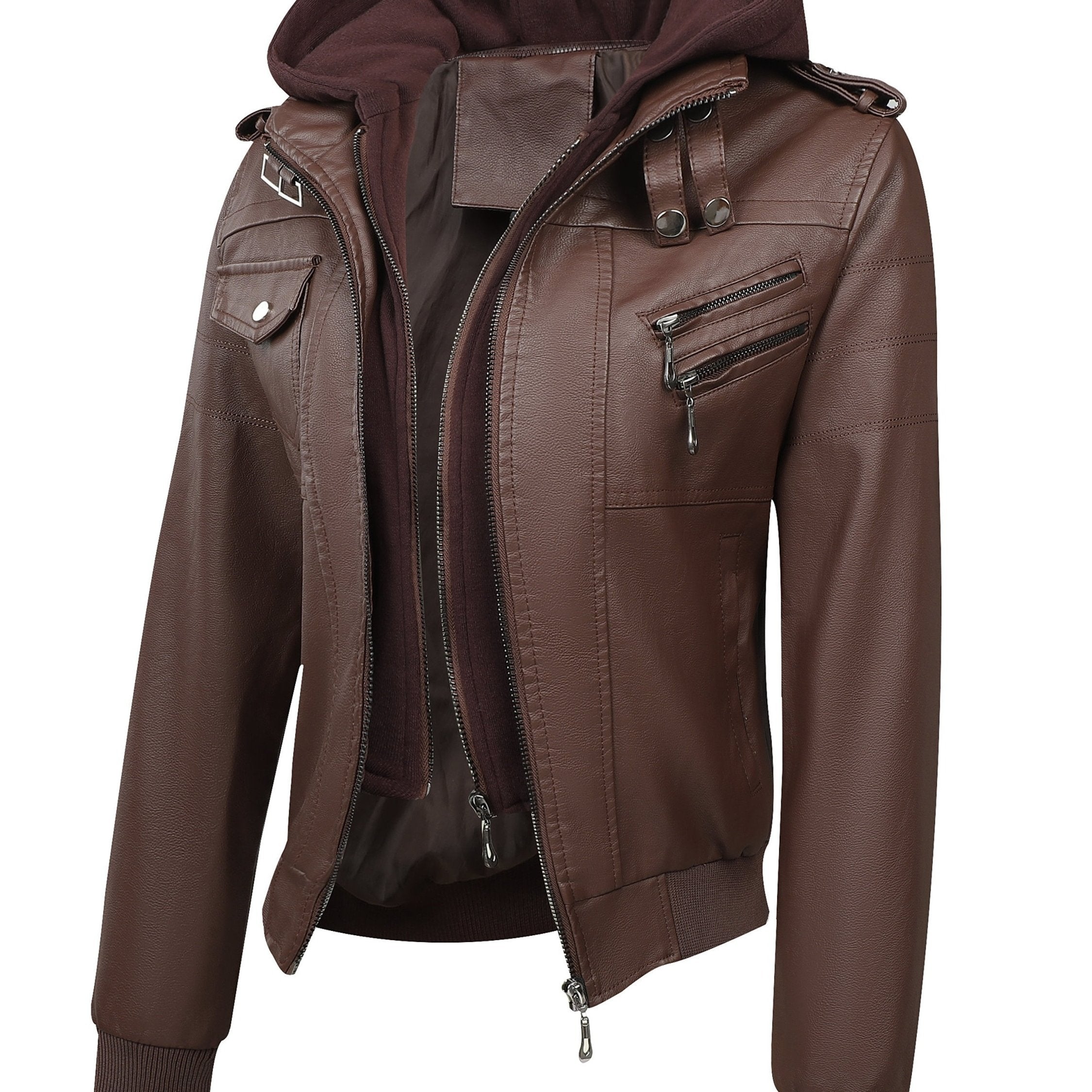 FZ Women's Vintage-Style  Detachable Hood PU Leather Jacket
