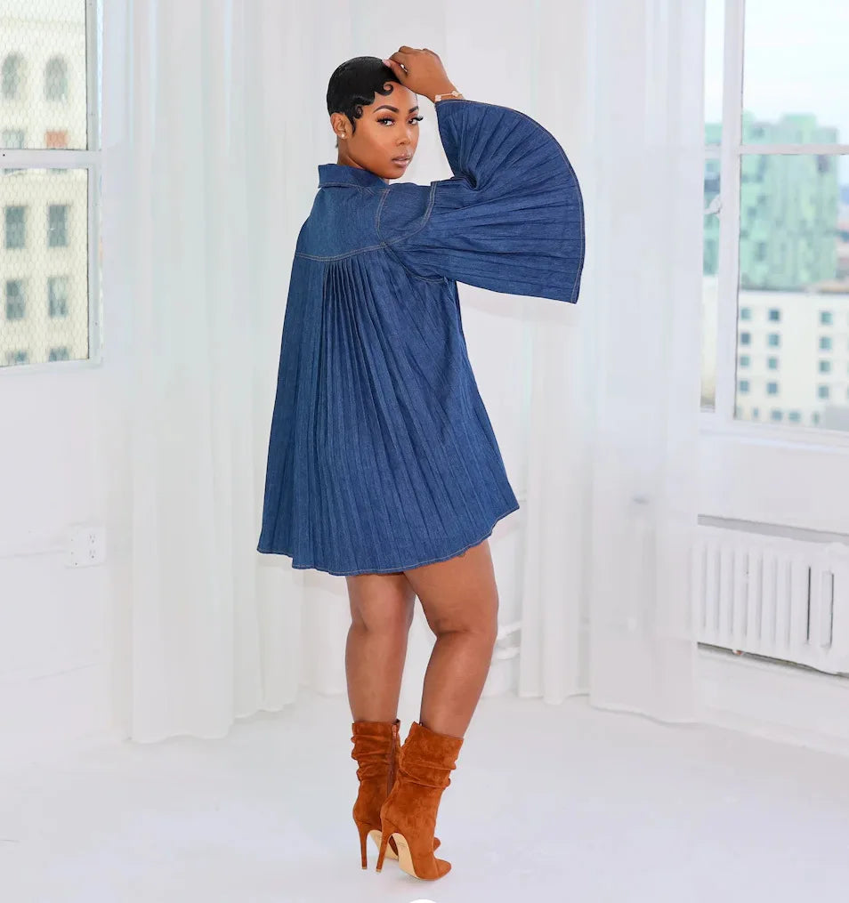 FZ Women's Slim Long Sleeve Pleated Loose Big Swing Denim Dress