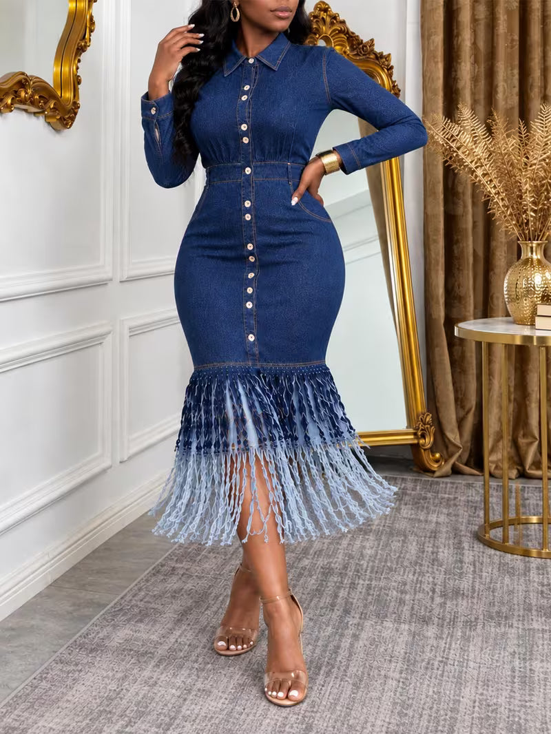 FZ Women's Plus Size Vintage Lapel Collar Tiered Cake Layer Denim Dress