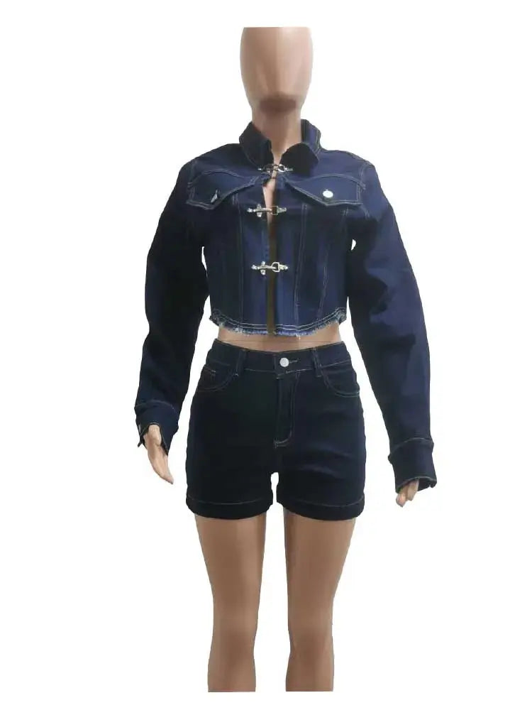 2 Piece Sets Women Outfit Luxury Elegant Winter Streetwear Long Sleeve Real Denim Jacket and Shorts Sets Sexy Jeans Sets FZwear